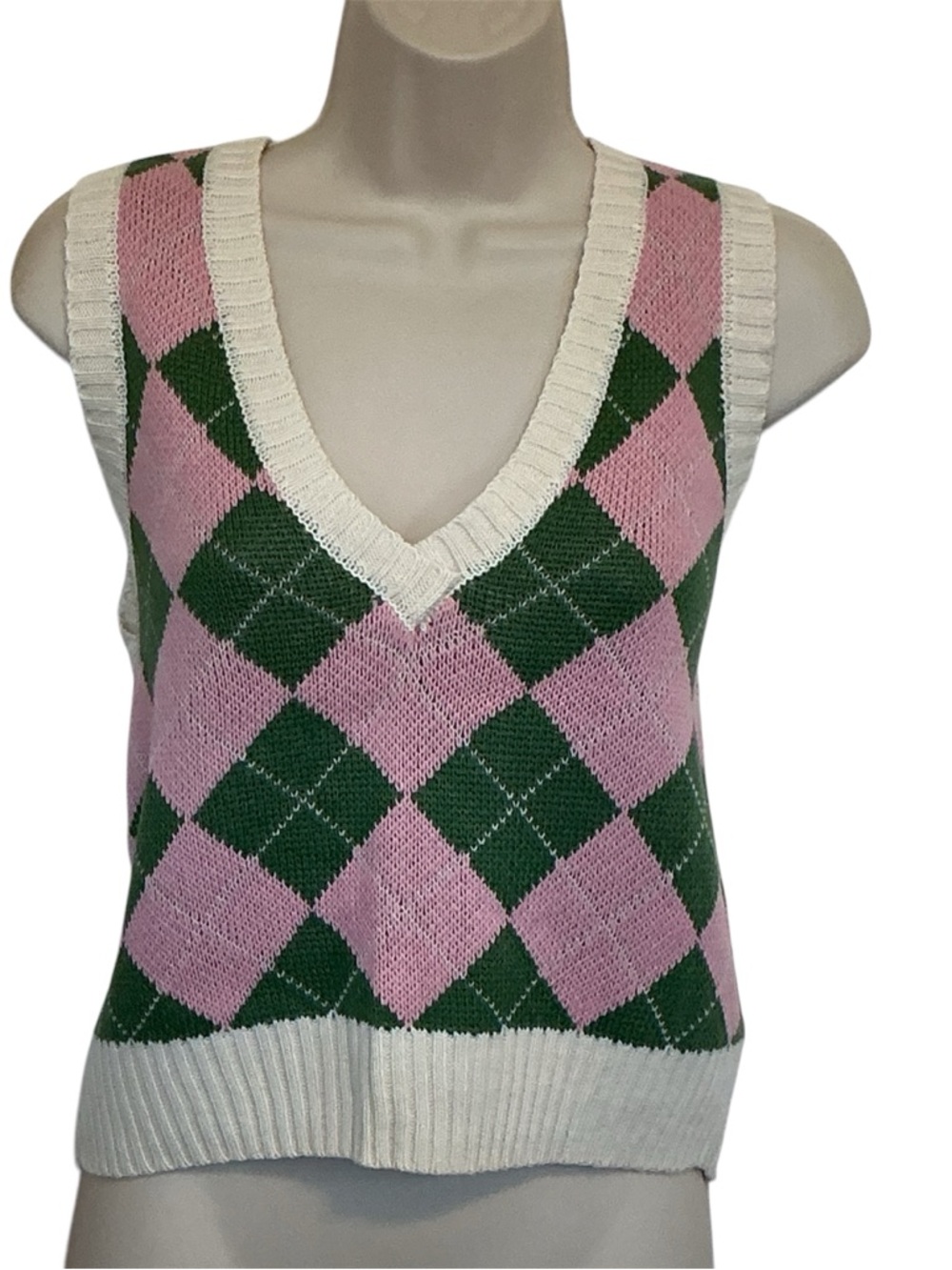 NWT Double Zero Argyle Crop Sweater Vest Pink Green Ivory Size L Preppy - Picture 2 of 7